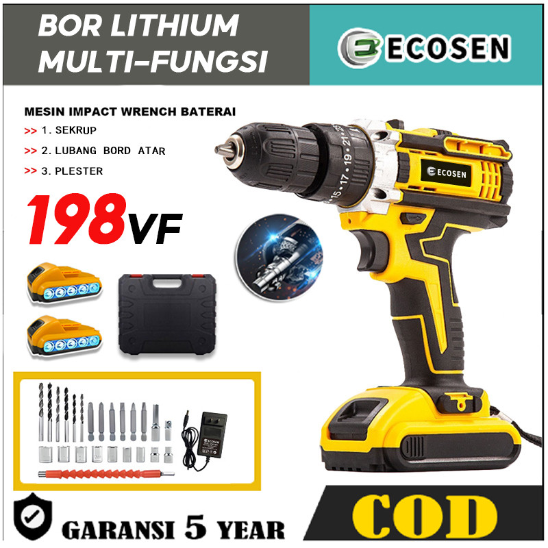 ECOSEN Mesin Bor Baterai 198VF Bor Listrik Tangan Cordless Drill Battery 2 Battery Bor Set/Bor Cas/B