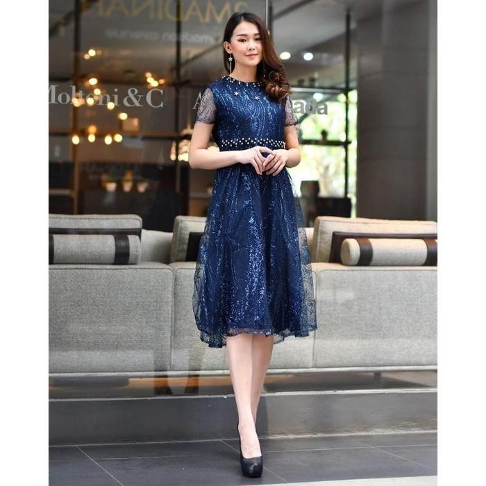 NEW DRESS PESTA WANITA KOREA GEREJA GAUN DEWASA BAJU NATAL IMLEK MURAH - Nevy, M
