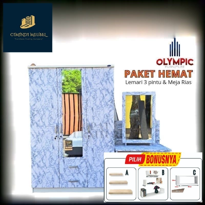 PROMO Set Lemari 3 Pintu dan Meja Rias Kaca Sliding - Lemari  dan Meja Rias Murah - Satu Set