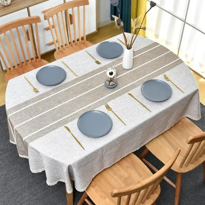 Oval Tablecloth Dining Table Stripe Linen Table Cover Rustic Farmhouse Home Decorative Ellipse Table