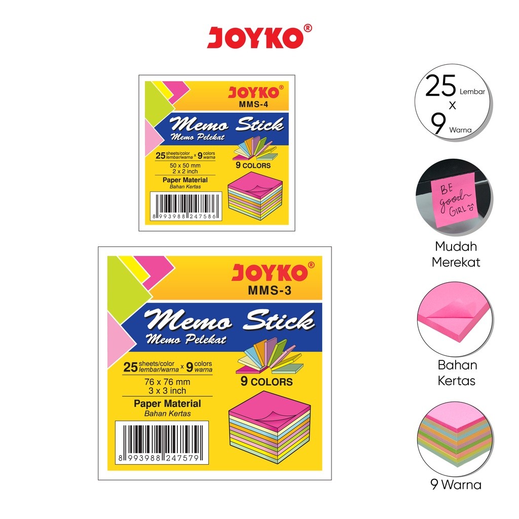 

Memo Stick Kertas Memo Tempel Sticky Note Joyko MMS-3 / MMS-4 9 Warna