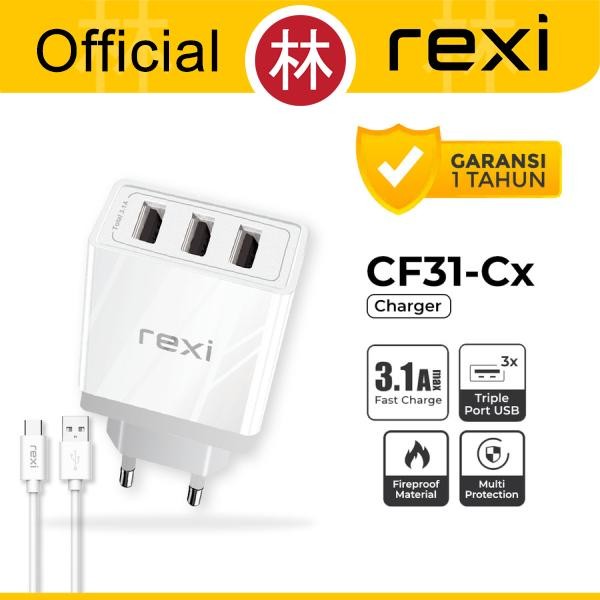 Rexi CF31-Mx / CF31-Cx Charger 3 Port USB Fast Charge 3.1A with Cable - CF31-Cx Type-C