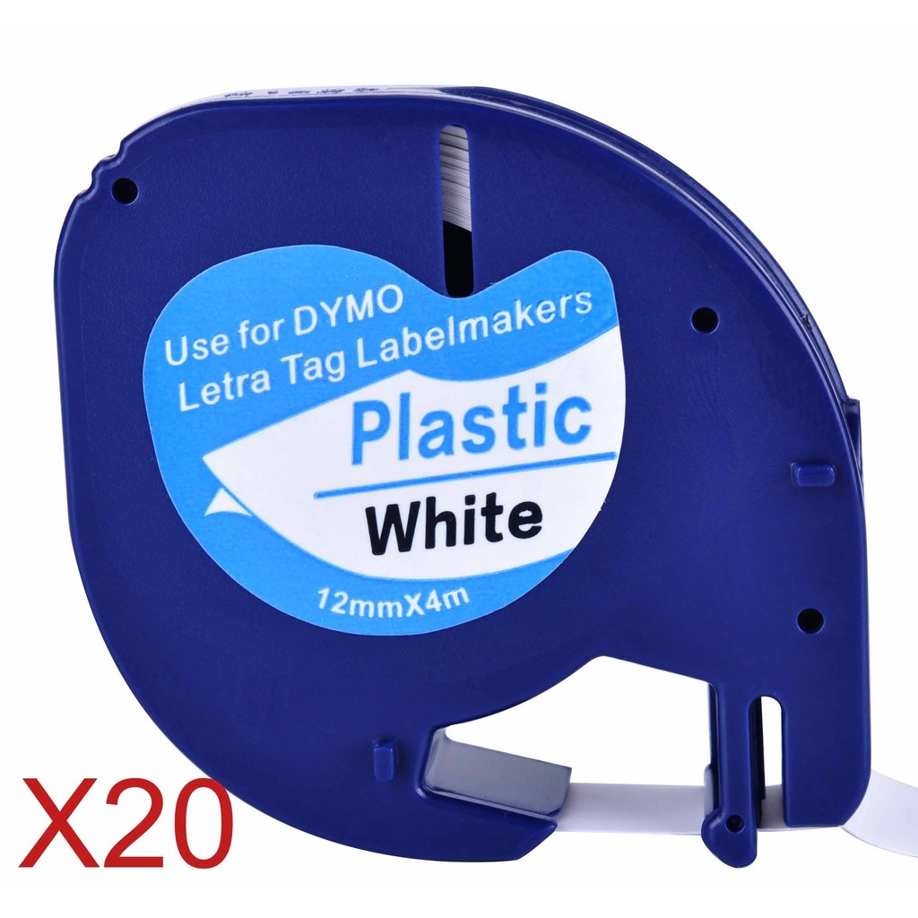 

20 Compatible Dymo LetraTag 91201 Black on White (12mm x 4m) Plastic Label Tapes for LT-100H, LT-100T, LT-110T, QX 50, XR, XM,