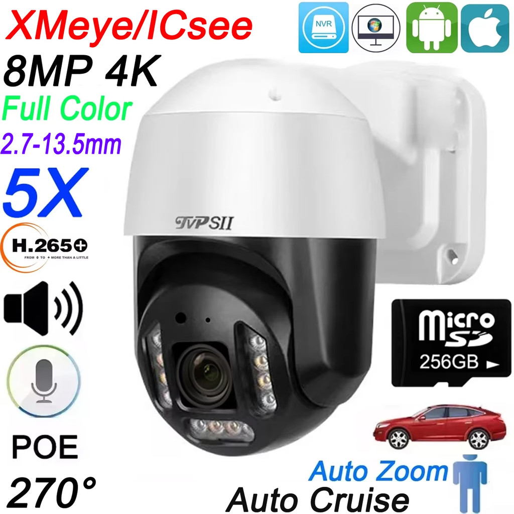 Xmeye ICsee Face Detection Auto Cruise Full Color H.265+ 8MP 4K 5X Optical Zoom Audio Rotation POE S