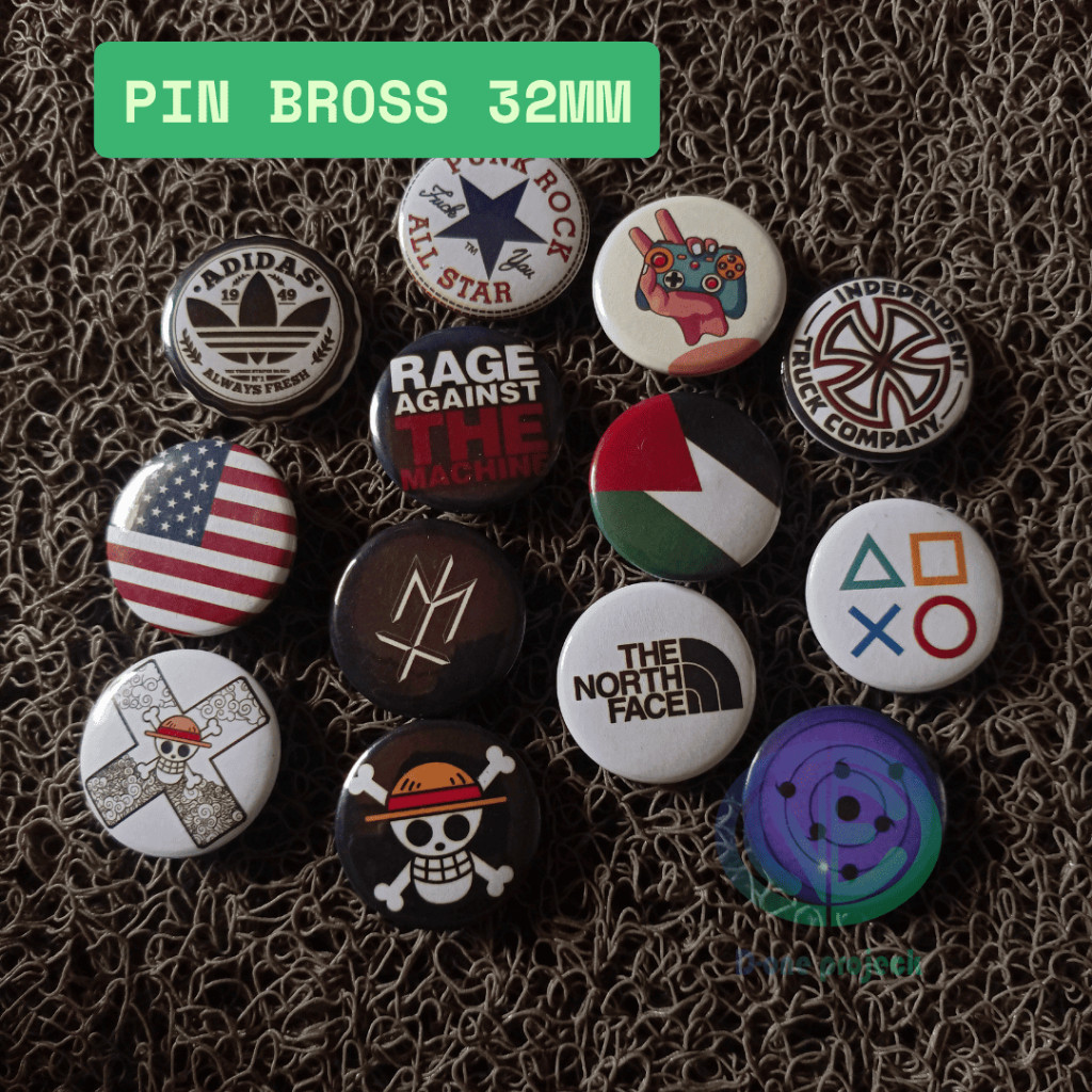 Pin Bross 32mm Logo Brand Musik Anime & Simbol Unik – Aksesoris Fashion Dekorasi Tas Baju Koleksi Ke