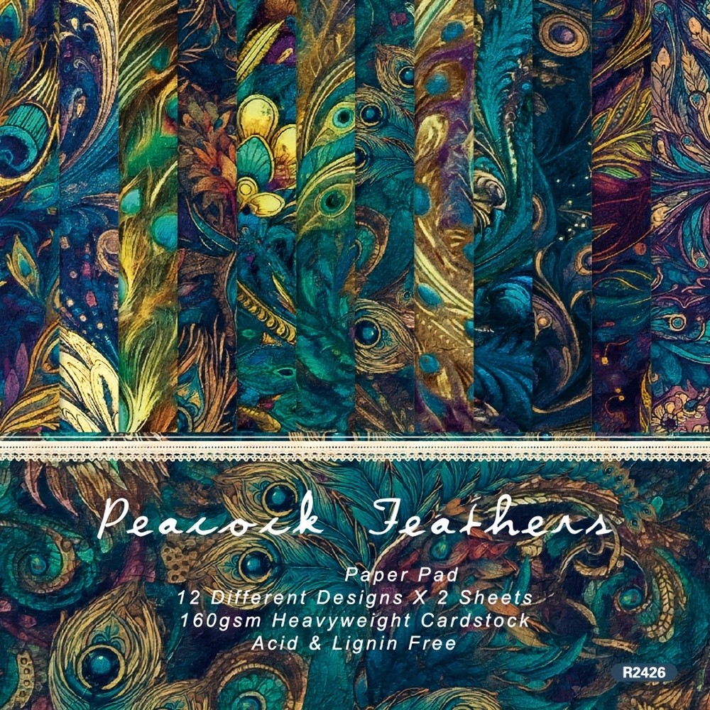 

24 Sheets 6"X6" Paper Pad with Peacocks Feathers Pattern Design Paper for Decorative Craft Scrapbooking Album DIY Handmade Cards