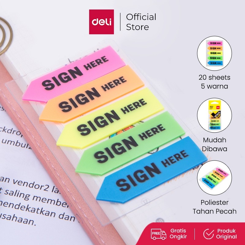 

Deli Index Tab Plastik Sign Here [44 × 12 mm/5 × 20 sheets/5 Warna] EA11302