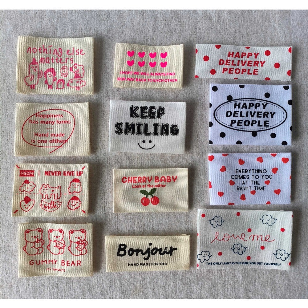 

12 Styles Ready to Ship 100% Cotton Clothing Labels, Printed Cherry Bear Design Woven Tags, Cute Kids Fabric Care Labels