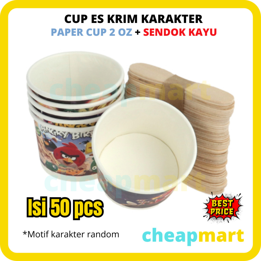 [Min-3] [Isi 50-Pcs] Cup Es Krim Karakter paper cup es krim 50ml lengkap dengan sendok motif lucu pa