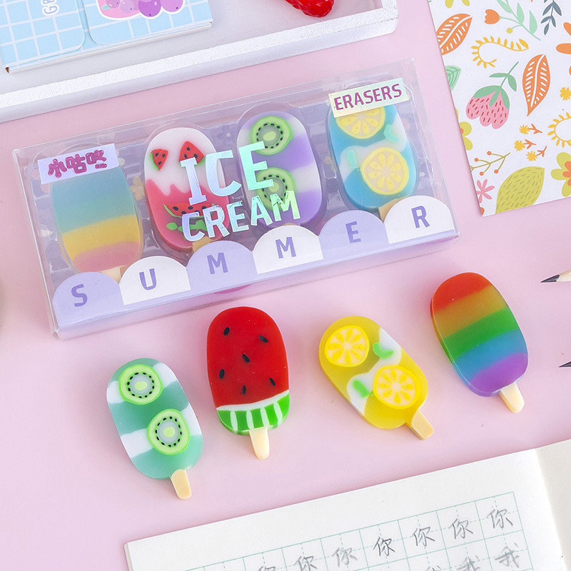 

1set/2 set Colorful Summer Ice Cream Fruits Rubber Eraser Kawaii Erasers School Supplies Stationery For Kids Student Cool Prizes