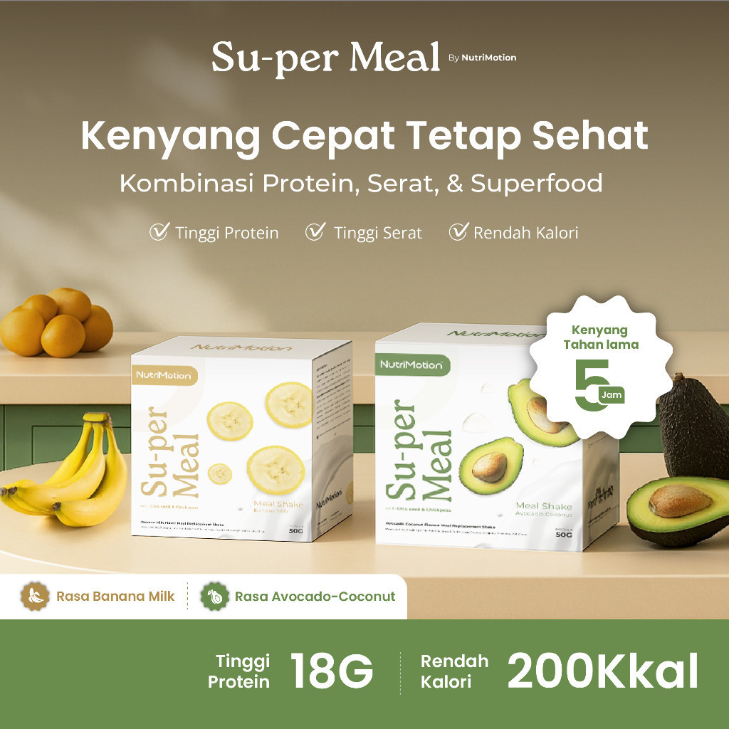 

NutriMotion Su-per Meal (12 Sachet) | Meal Replacement Tinggi Serat & Protein | Avocado & Banana