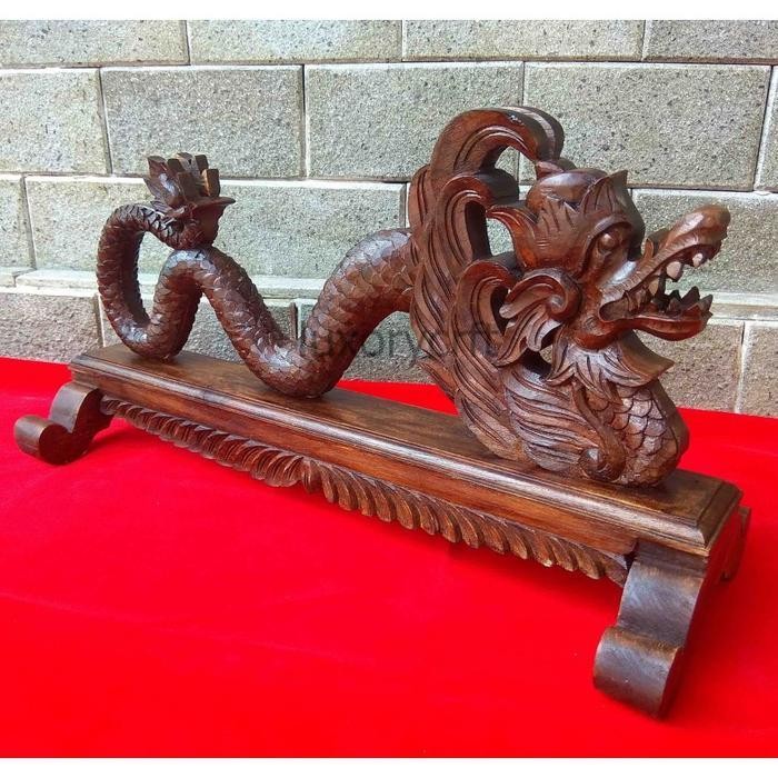 Stand Tempat Katana Kayu Jati Ukiran Naga Murah Plitur Coklat Tua