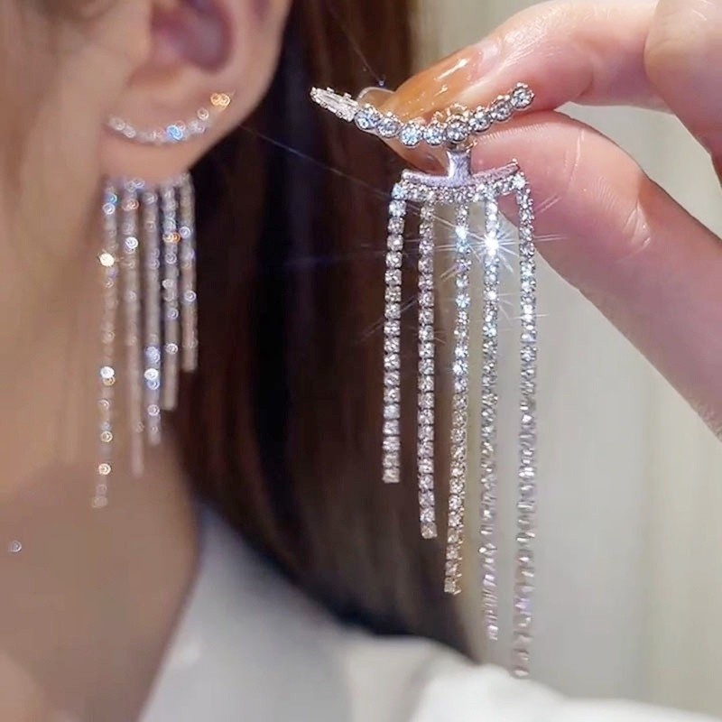 Anting Rumbai Panjang Hias Berlian Imitasi Gaya Korea Untuk Pesta