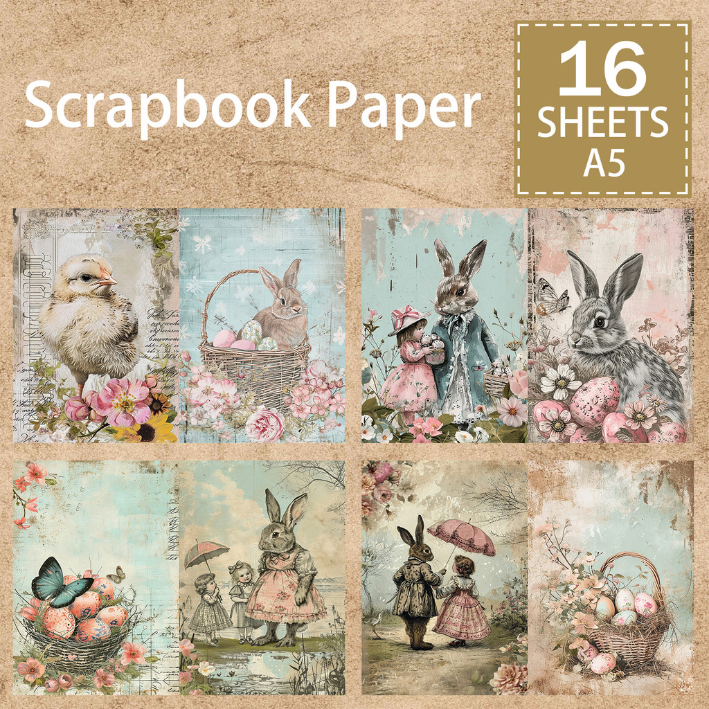 

16 Sheets A5 Size Vintage Oil Painting Easter Bunny Egg Flower Basket Background Vintage Grunge Journal Planning Scrapbooking