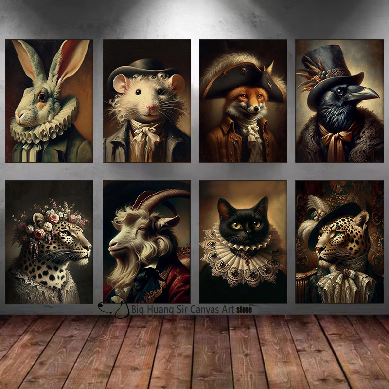 

Victorian Style Animals Renaissance Animal Raven Rabbit Balck Cat Goat Mouse Poster Canvas Painting Wall Pictures Home Art Decor