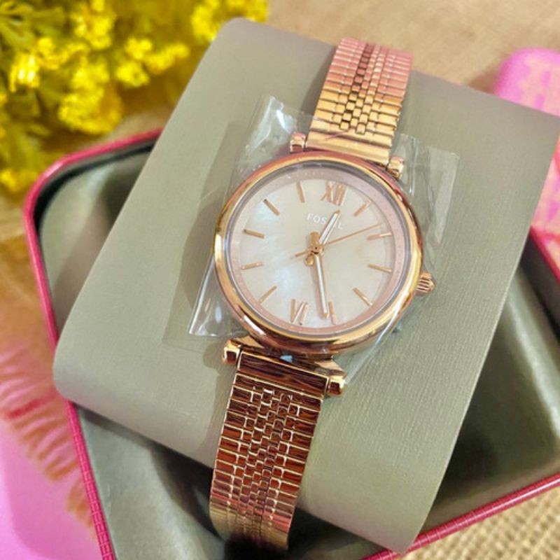 Nwt Jam Tangan Wanita ES4697 ES 4697 Carlie Mini Three-Hand Rose Gold Stainless Steel Original