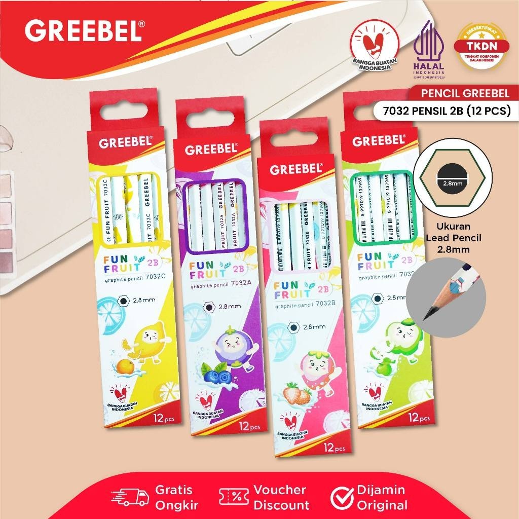 

GREEBEL Pensil Kayu 2B 7032 Fun Fruite – 12 Pcs / Set Pensil Tulis & Gambar Harga Grosir Bisa Cod