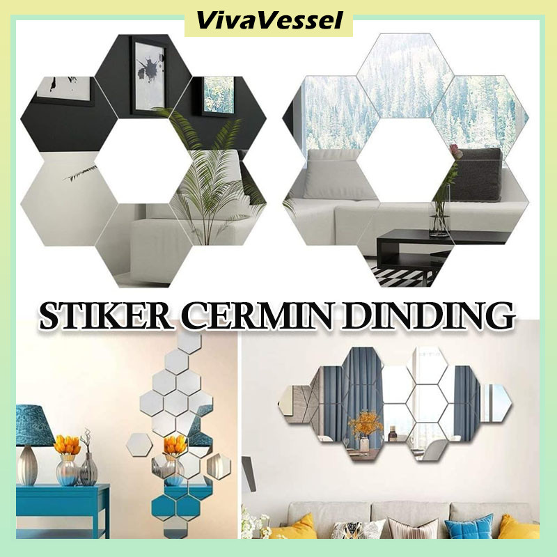 13PCS Stiker Cermin Dinding Anti Pecah Segi Enam Tempel/Kaca Segi Enam Hexagon Dekorasi Dinding/Stik