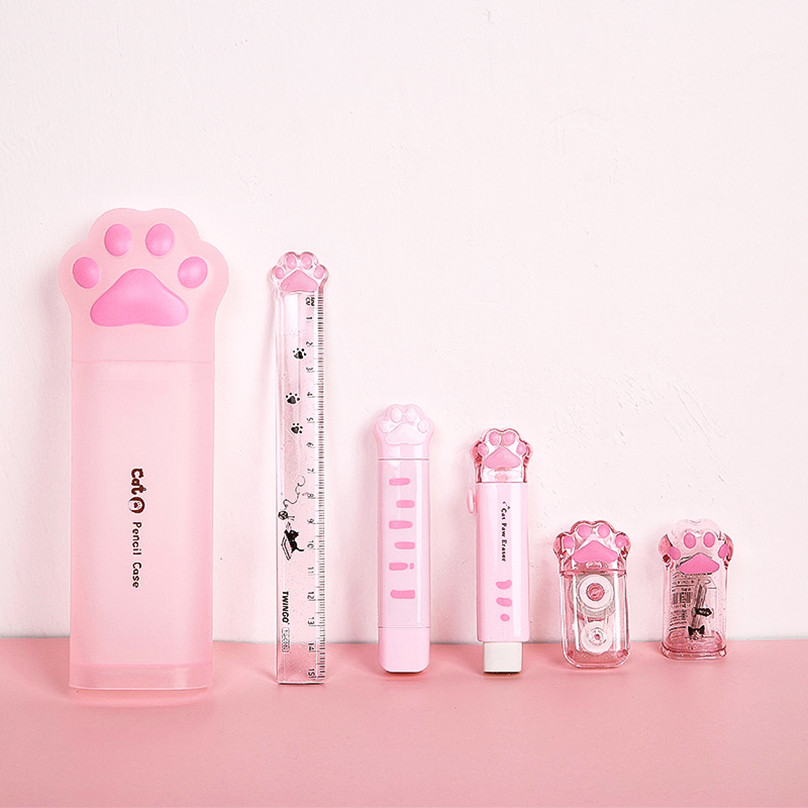 

Cat Paw Pencil Case Cute Stationery Set Sharpener Correction Tape Kawaii Eraser Papeleria Ruler Pencil Box School Supplies For K