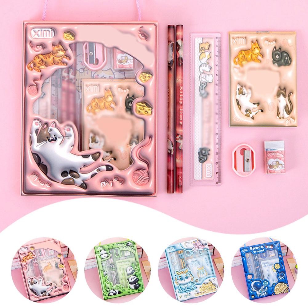 

Cartoon Stationery Pencil Set Back To School Season Primary Junior High School Students Gift Case 3D 6 In 1 Stationery Set