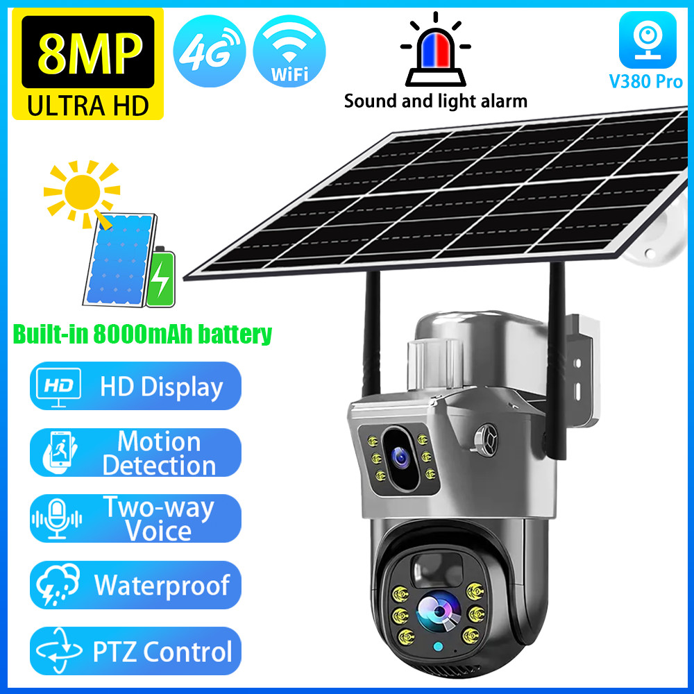 8MP 4K Solar Camera 4G Outdoor HD Dual Lens Security Camera Wireless WiFi PTZ AI Human Detection CCT