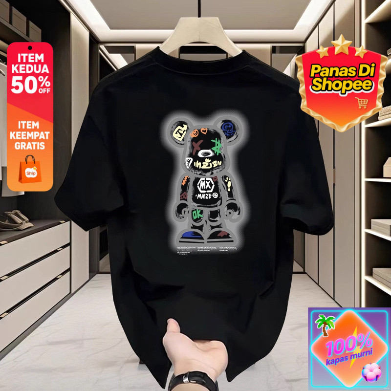 Kaos Pria Katun Lengan Pendek - Desain Bearbrick Streetwear Amerika untuk Remaja