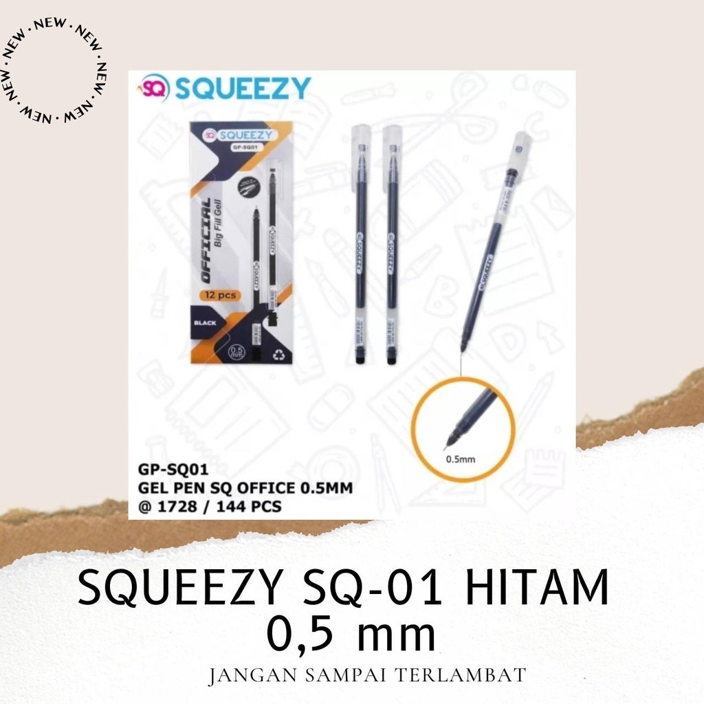 

1 BOX 12 PCS Pulpen Jumbo Gel Pen SQUEEZY SQ-01 HITAM 0.5 mm / Pulpen Gel Ink Pen 0.5 mm SQUEEZY SQ 01 / Pena Gel Pen Office Smooth Hitam