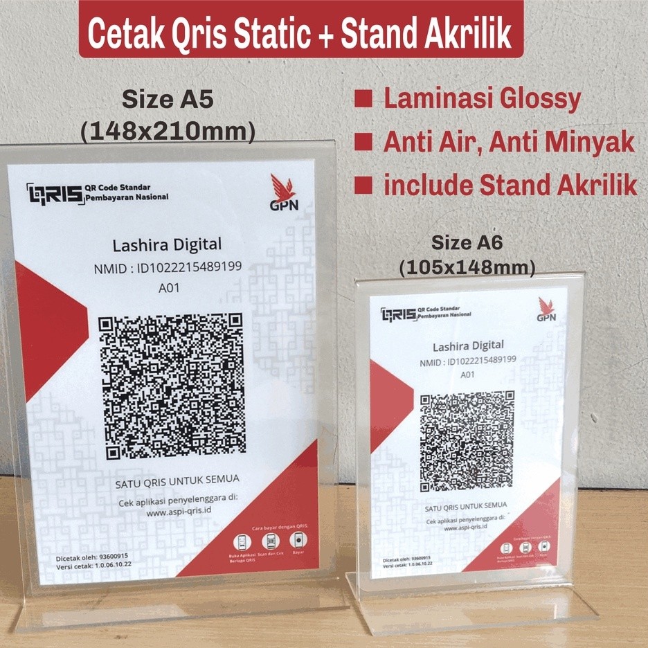 

Paket Cetak Qris dan Stand Akrilik A5 A6 berdiri model T print papan informasi laminasi include dudukan