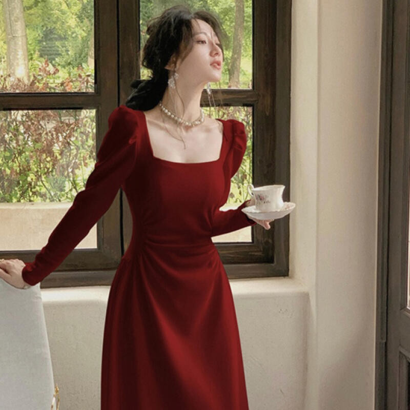 baju lebaran wanita 2025 long dress lengan panjang musim gugur pesta merah maroon simple elegan keki