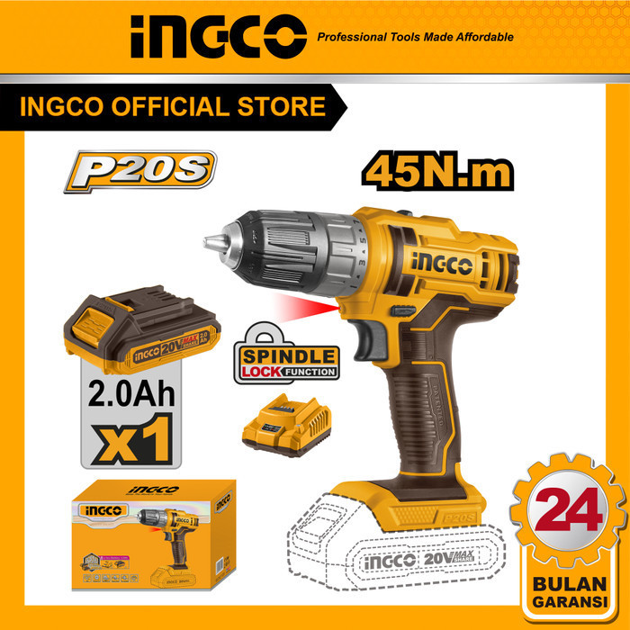 Bor Cordless Drill 20V 45Nm 10mm INGCO CDLI200518 Baterai dan Charger
