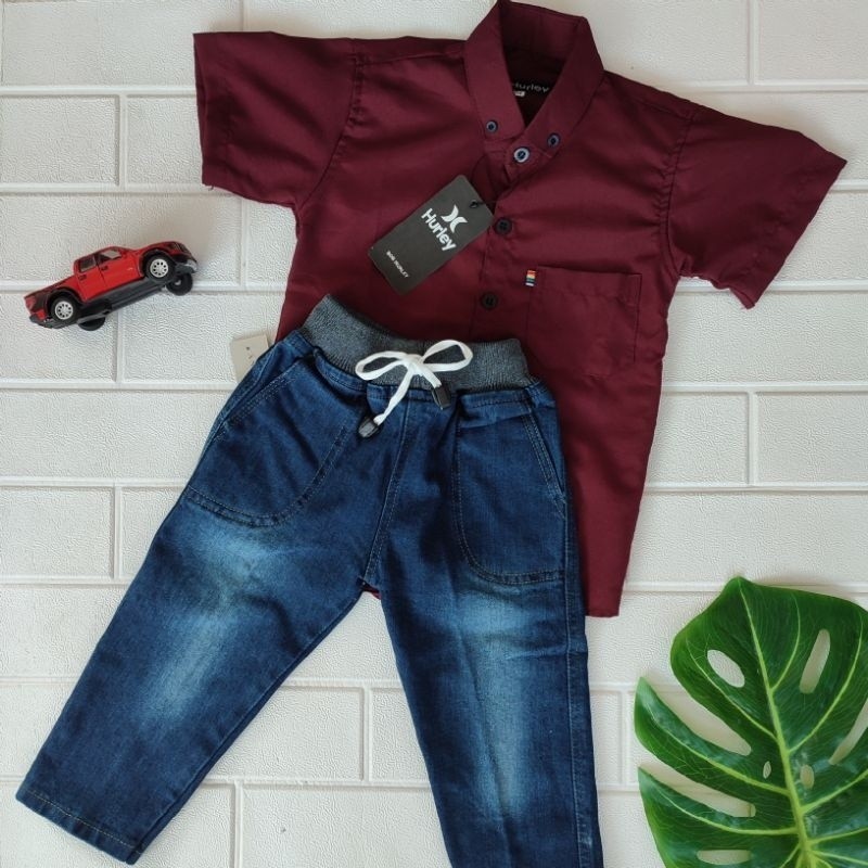 Setelan Anak Laki  Baju Kemeja Lengan Pendek dan Celana Panjang Jeans konveksi Aji