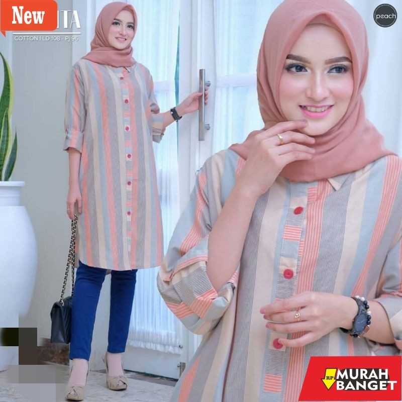 Atasan wanita seragaman fenomenal yg lagi viral- Tunik Katun Salur Terbaru Tunik garis salur Wanita 