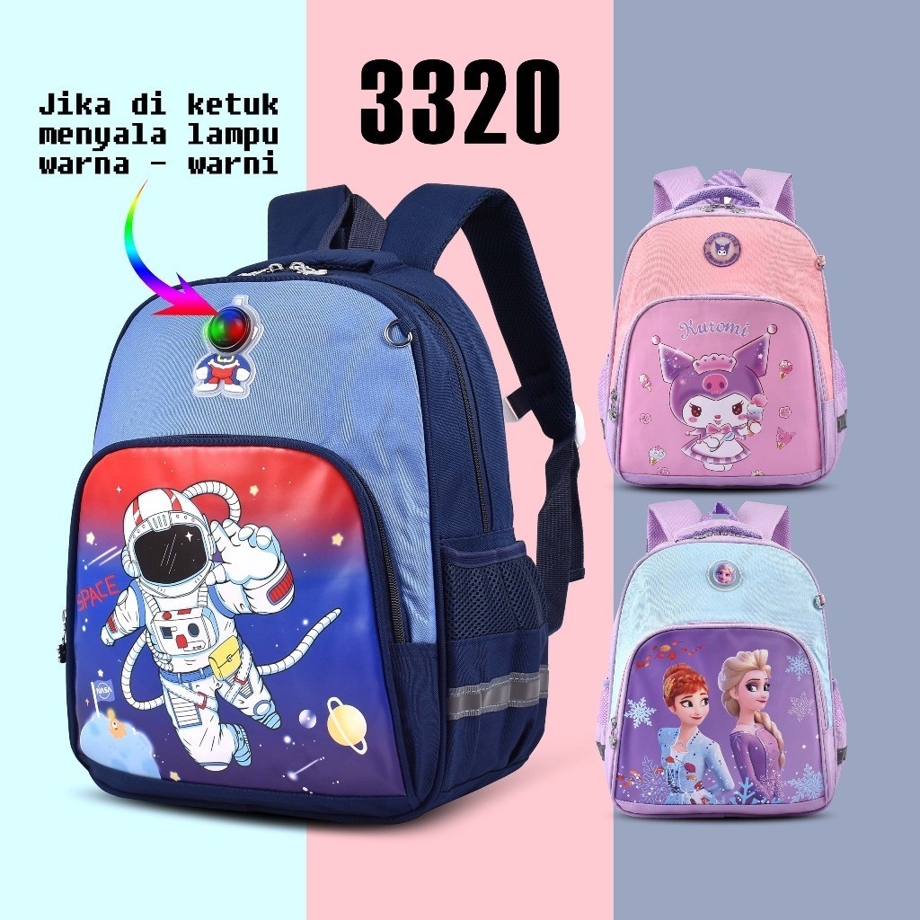 Tas Ransel Lampu Cartoon 3320 14 Inch Tas Anak Sekolah Motif Astronaut , Frozen , Kuromi