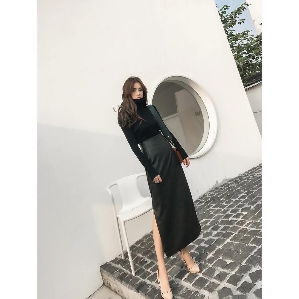 Rok Span Kulit Pensil Hitam Panjang Musim Gugur Wanita panjang Afsheen Fashion