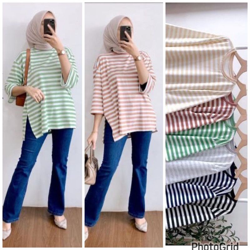 GRAHA FASHION Daily Kaos Oversize Stripe 3/4 Hijab Friendly Blouse Motif Garis Potongan Longgar Baha