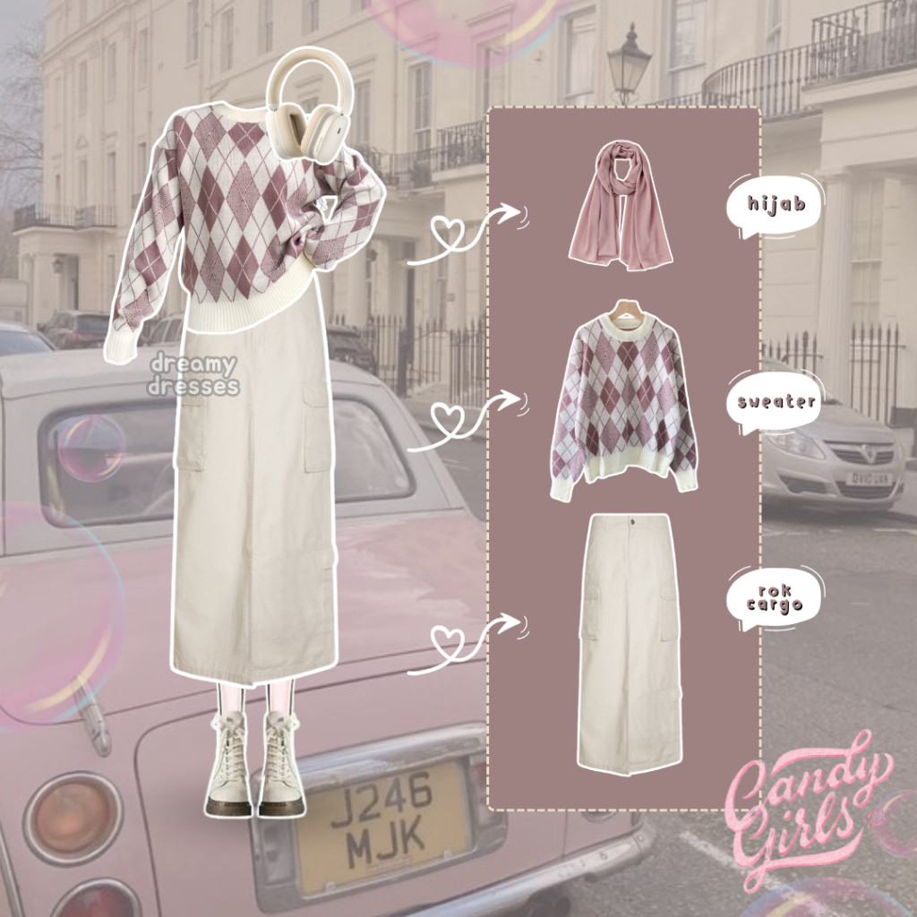 Ready stock 3IN1 ONE SET 185 - (Hijab, Sweater, Rok Cargo) OOTD 3in1 One Set Cargo One Set Terbaru O