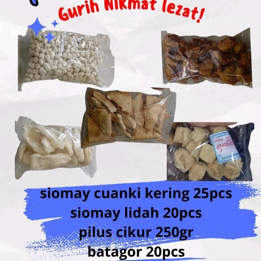 

Paket Mixkom siomay cuanki 25pcs, siomay lidah 20pcs ,siomay segitiga 20pcs,batagor kering 20pcs,pilus cikur 250gram