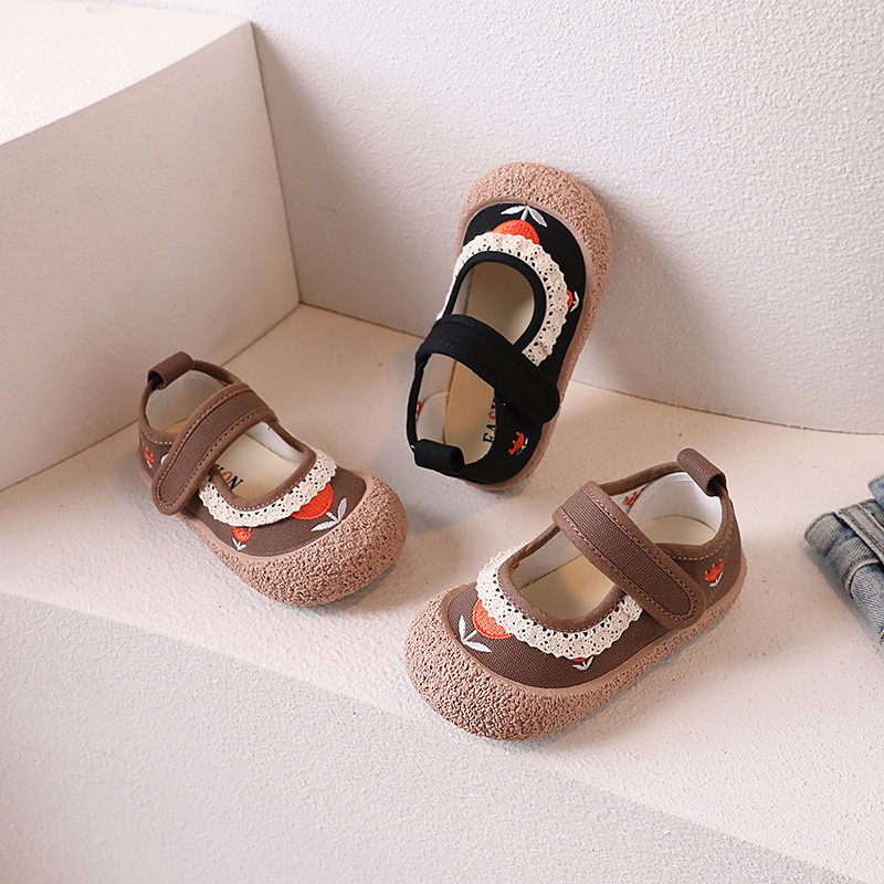 

Girl's Canvas Shoes Floral Black Shallow Spring Children Casual Shoes Breathable Soft Sole Leisure Kids Flat Shoes