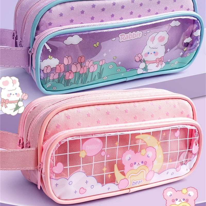 

Three Layers Large Capacity Pencil Bag Stationery Cartoon Transparent Grid Pen Case Girl Zipper Pencil Pouch School Supplies