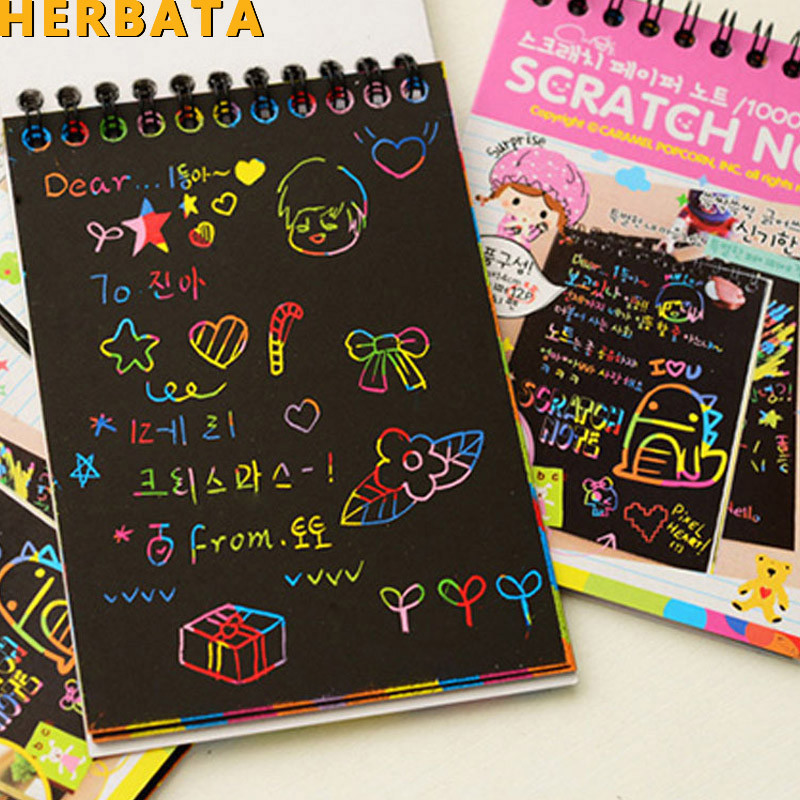 

HERBATA Scratch note Black cardboard Creative DIY draw sketch notes for kids toy notebook zakka material Escolar School Supplies