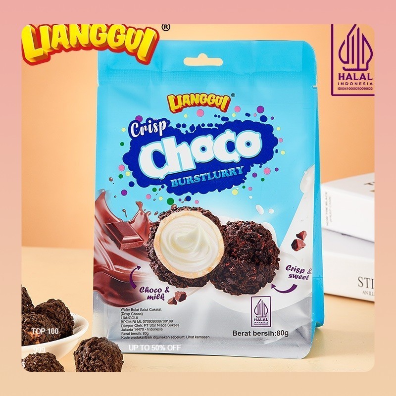 

[Makanan viral] [HALAL]Lianggui Wafer Bulat Salut Cokelat Coconut Strawberry Crisp Choco Burstlurry Ball 80g jajanan viral