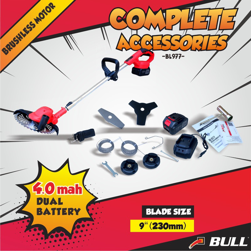 BULL Mesin Rumput Baterai Heavy Duty Brushless 21V BL977 / Potong Padi dan Dahan Cordless