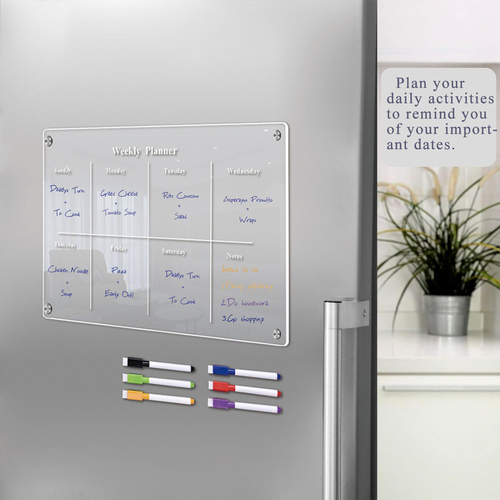 

Weekly Meal Planner Magnetic Acrylic Board Dry Erase Board for Fridge Week Calendar for Refrigerator Memo Pad, 6 Random Markers