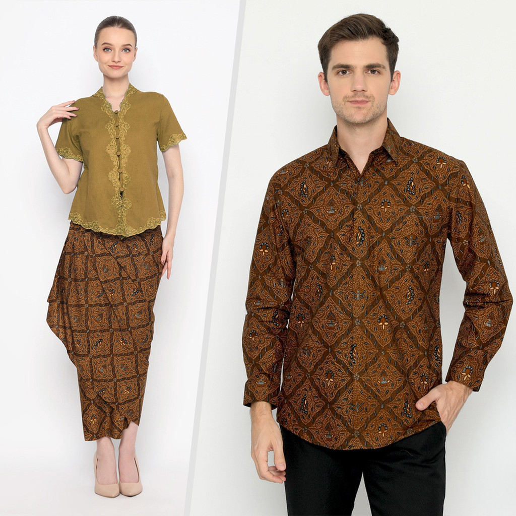 Batik Couple Modern Motif Sidomukti 72 Batik Kemeja Lengan Panjang Slimfit Rok Lilit Instan Premium 