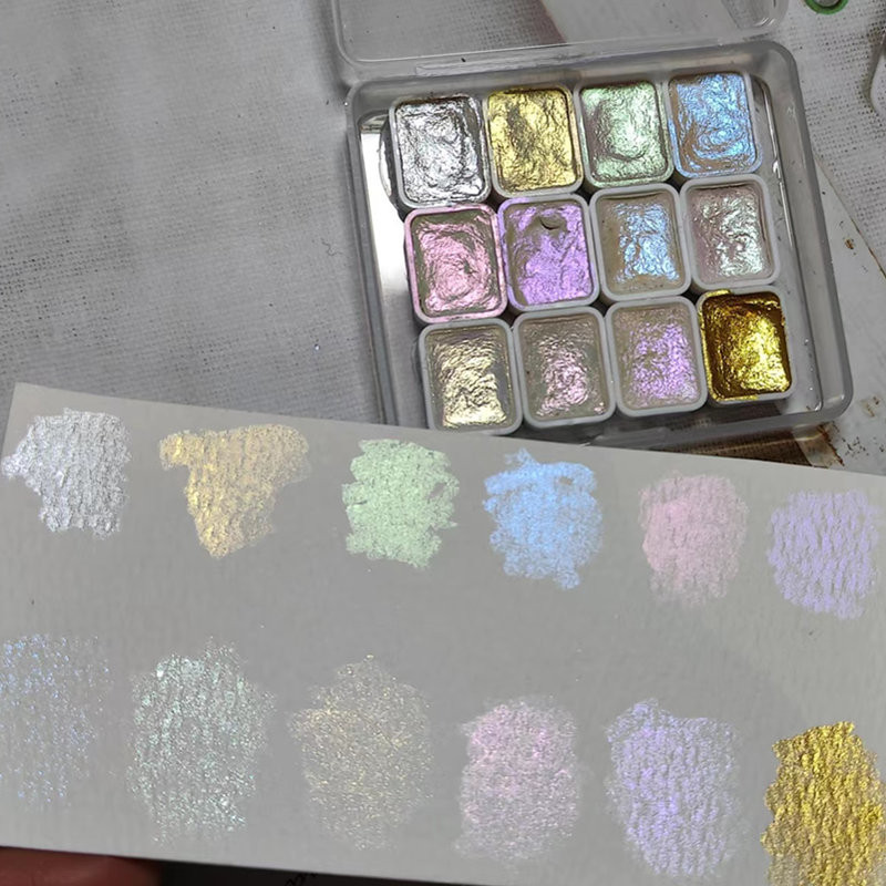 

12 Colors Solid Watercolor Paints Set Textured Pearlescent Pigment Metallic Glitter Acuarela Suit Portable Art Supplies