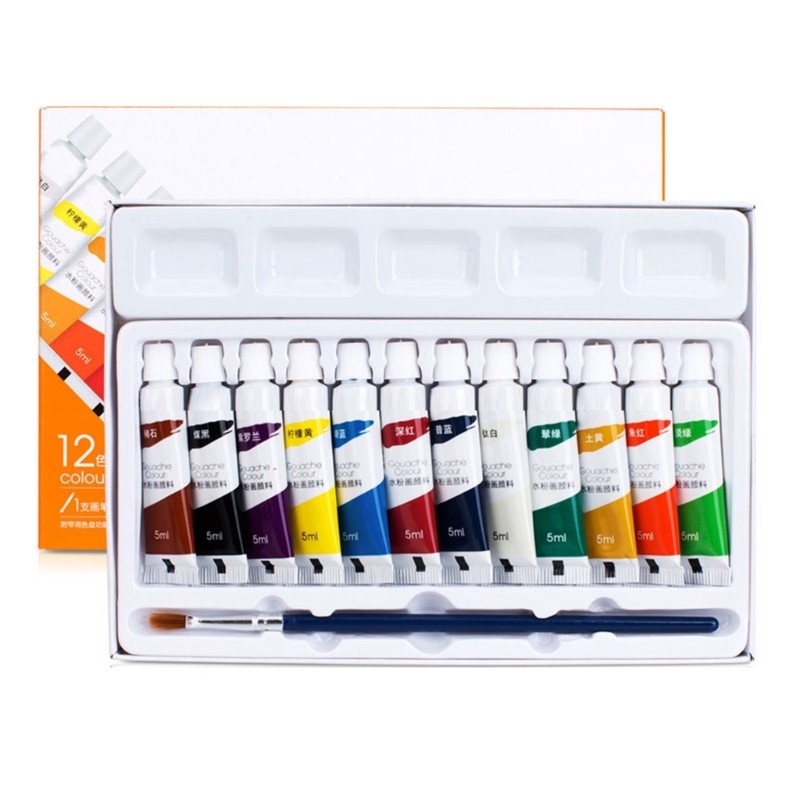 

12Pcs Gouache Pigment Tubes 5ml/Tube Water-Based Paint with Paint Brush for Artist Beginner Painting Art Illustrations