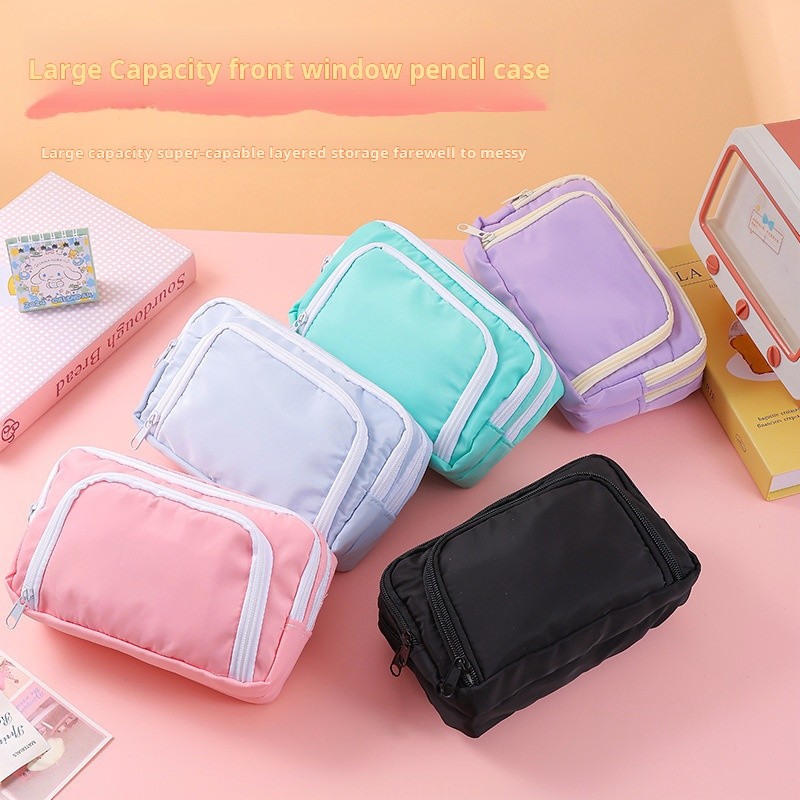 

New Style Student Pen Bag Ins Large Capacity Open Window Pencil Case Makeup Bag For Girls 3 Layers Window Pen Case Simple Style