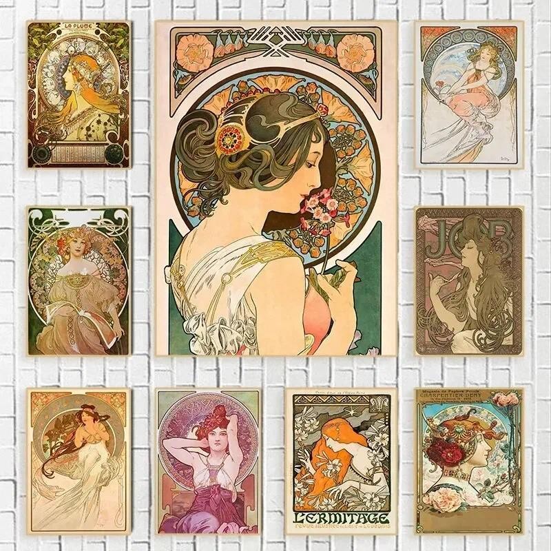 

Vintage Illustration Posters, Decorative Art Nouveau Canvas Paintings Elegant Wall Art Pictures Living Room Decor