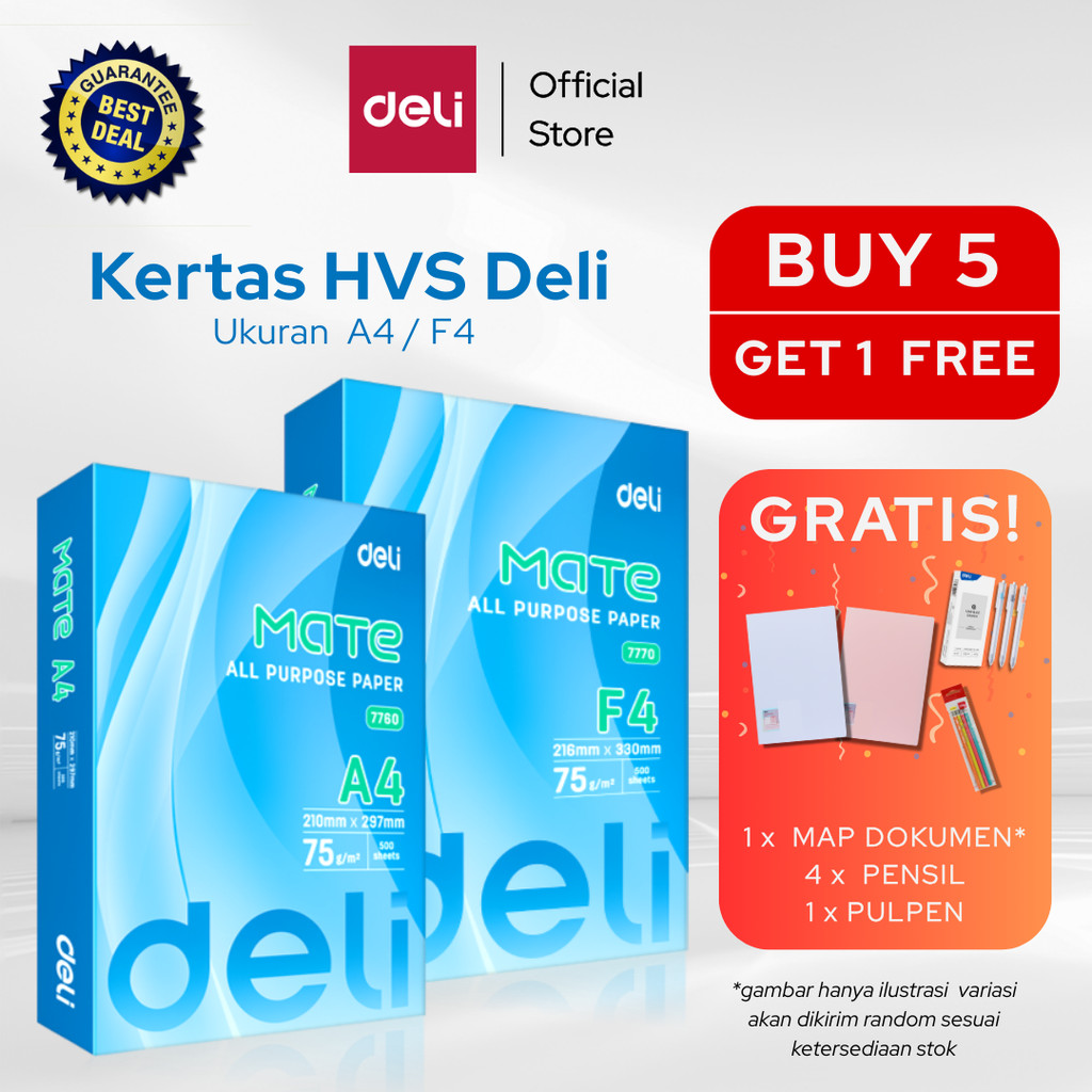 

Deli Kertas HVS / Copy Paper 500 lembar F4 BUY 4 GET 1 FREE E7770
