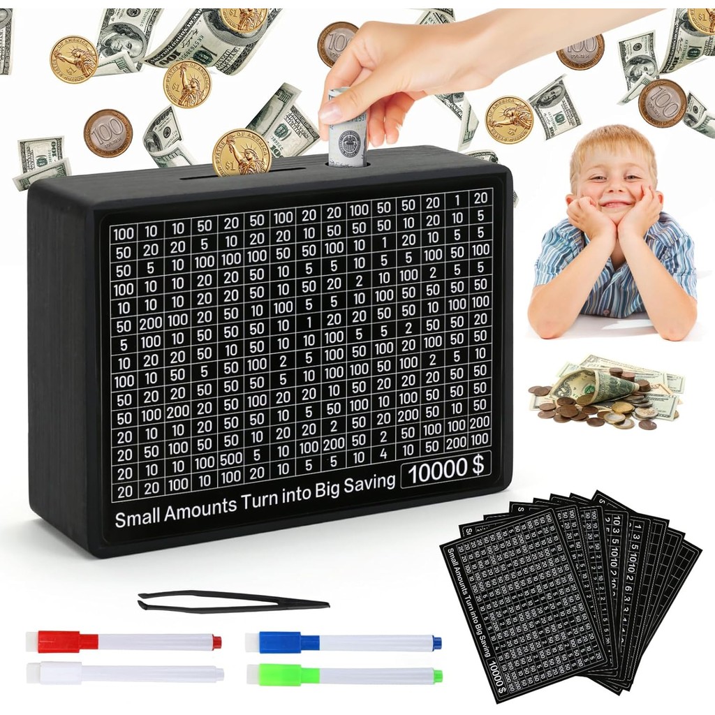 

Money Box with Counter Reusable wooden piggy bank with savings goal